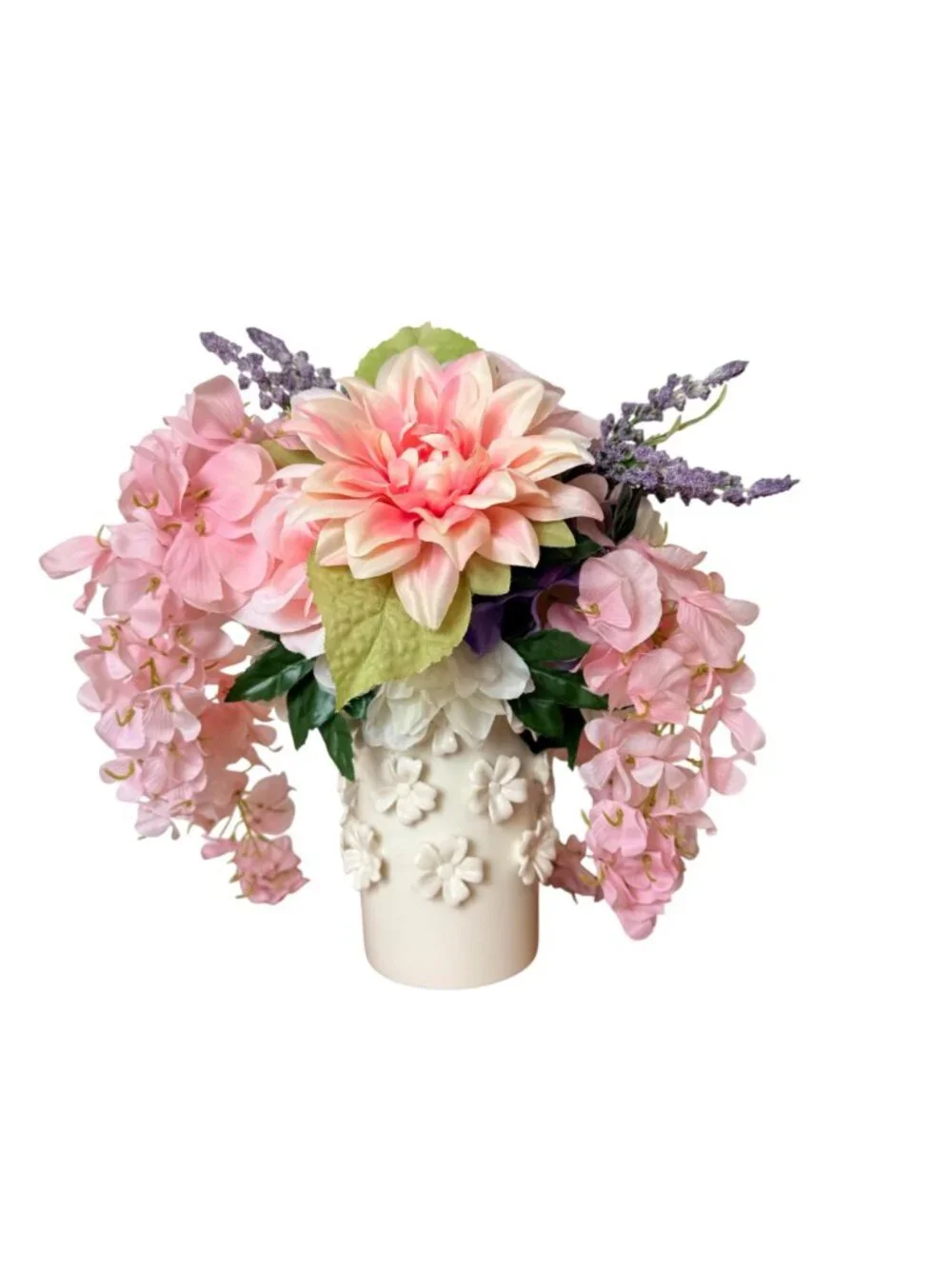 Pink Silk Floral Arrangement White Daisy Ceramic Vase Hydrangea Dahlia Decor